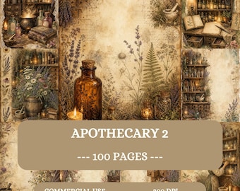 Op de afbeelding: Een digitale papiercollectie getiteld APOTHECARY 2, bestaande uit 100 pagina's met vintage-stijl illustraties van apothekerskasten, amberkleurige glazen flessen, gedroogde lavendel, varens, wilde bloemen, vijzels en open boeken in sepia.