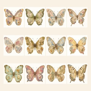 May include: A collection of twelve butterfly illustrations arranged in a grid. Each butterfly features unique wing patterns with muted floral, botanical, and leaf motifs in soft shades of pink, blue, green, yellow, and brown on a light background.