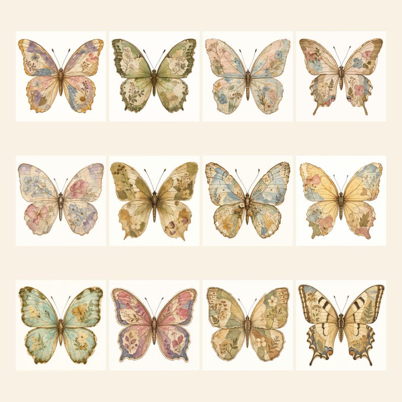 May include: A collection of twelve butterfly illustrations arranged in a grid. Each butterfly features unique wing patterns with muted floral, botanical, and leaf motifs in soft shades of pink, blue, green, yellow, and brown on a light background.