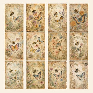 May include: A collection of twelve rectangular paper prints featuring vintage-style illustrations of bees, butterflies, small rabbits, and various wildflowers in soft, muted earth tones with a distressed, aged parchment texture on each piece.