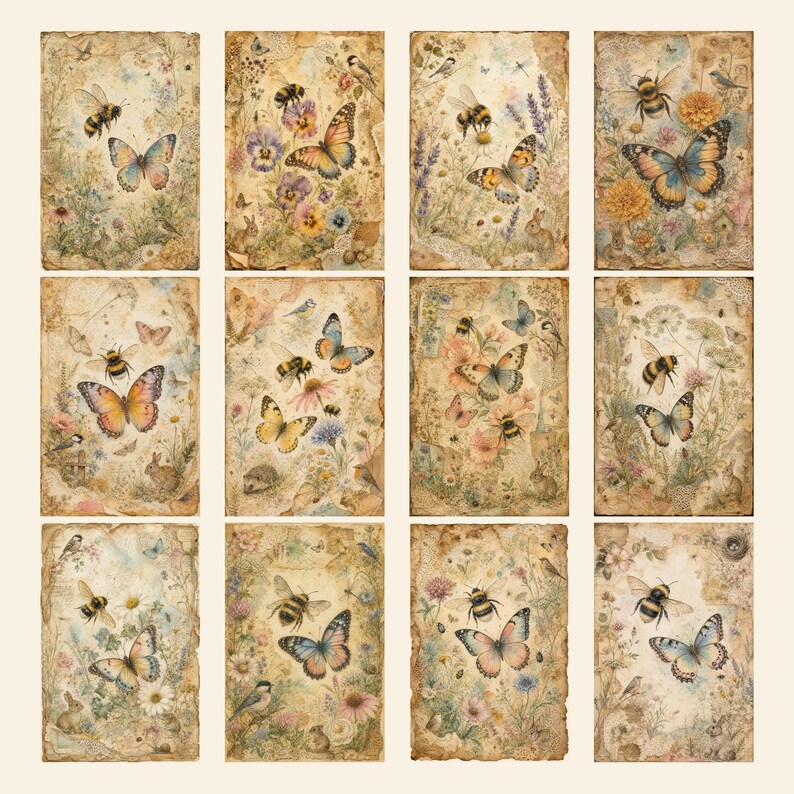 May include: A collection of twelve rectangular paper prints featuring vintage-style illustrations of bees, butterflies, small rabbits, and various wildflowers in soft, muted earth tones with a distressed, aged parchment texture on each piece.