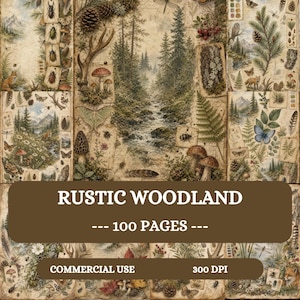 Puede incluir: Una colección de papel digital titulada RUSTIC WOODLAND con 100 páginas que presenta ilustraciones de estilo vintage de bosques, arroyos, setas, piñas, insectos, mariposas, helechos, astas y zorros en tonos tierra para uso comercial.