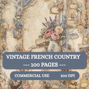 May include: A digital paper pack with a vintage French country theme. The design features floral arrangements, aged paper textures, and decorative elements. The text on the image reads "VINTAGE FRENCH COUNTRY - - - 100 PAGES - - - COMMERCIAL USE 300 DPI."