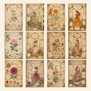 May include: A collection of twelve rectangular botanical prints featuring illustrations of flowers and fairies. Each print includes text labels such as Honeysuckle, Marigold, Camellia, Chrysanthemum, Dahlia, and Hollyhock, alongside detailed drawings of plants and winged figures.