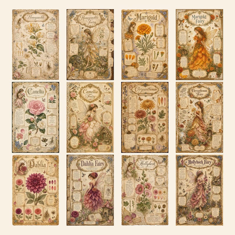 May include: A collection of twelve rectangular botanical prints featuring illustrations of flowers and fairies. Each print includes text labels such as Honeysuckle, Marigold, Camellia, Chrysanthemum, Dahlia, and Hollyhock, alongside detailed drawings of plants and winged figures.