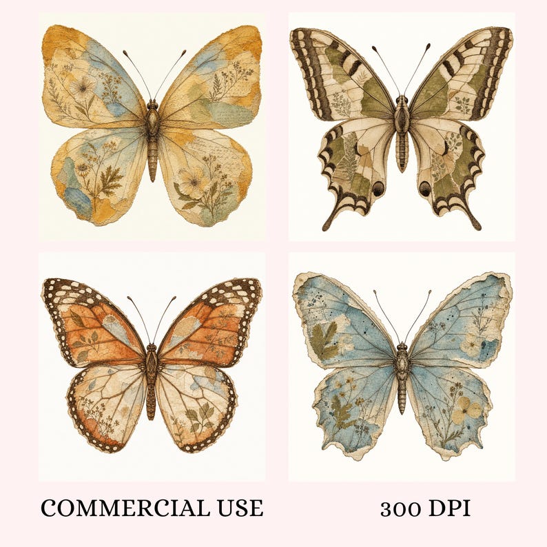 May include: Four butterfly illustrations arranged in a grid. Top left is yellow and blue, top right is green and brown, bottom left is orange and brown, and bottom right is blue and white. Each butterfly features botanical patterns. Text reads COMMERCIAL USE 300 DPI.