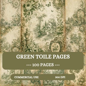 Green Toile Junk Journal Pages, Vintage Floral, Paper Pack, Scrapbook Ephemera, Botanical Patterns, chic craft sheet, Digital download