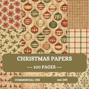 May include: A collection of Christmas-themed digital papers featuring patterns of red poinsettias, holly leaves, plaid, and hanging ornaments. The text CHRISTMAS PAPERS, 100 PAGES, COMMERCIAL USE, and 300 DPI is displayed over the patterned background.