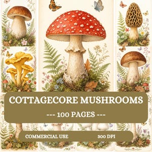 Op de afbeelding: Een verzameling botanische illustraties met diverse paddenstoelen, varens en vlinders. De centrale tekst luidt COTTAGECORE MUSHROOMS, 100 PAGES, COMMERCIAL USE en 300 DPI. De kunstwerken tonen gedetailleerde paddenstoelen in natuurlijke omgevingen.