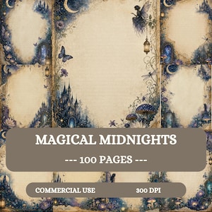 May include: A collection of digital stationery pages featuring a beige parchment background with blue and purple illustrations of castles, fairies, crescent moons, butterflies, dragonflies, lanterns, and mushrooms. Text reads MAGICAL MIDNIGHTS 100 PAGES.