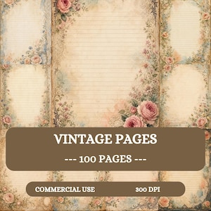 Pages de journal ligné vintage, papier à lettres imprimable aquarelle minable, 100 papiers numériques A4, éphémères de scrapbooking floral chic