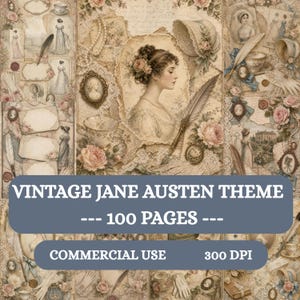 Könnte beinhalten: Eine Vintage-Collage mit dem Thema Jane Austen. Sie zeigt Illustrationen von Frauen in historischen Kleidern, Federn, Rosen, Kameen und Spitze. Der Text auf dem Bild lautet "VINTAGE JANE AUSTEN THEME -- 100 PAGES -- COMMERCIAL USE 300 DPI."