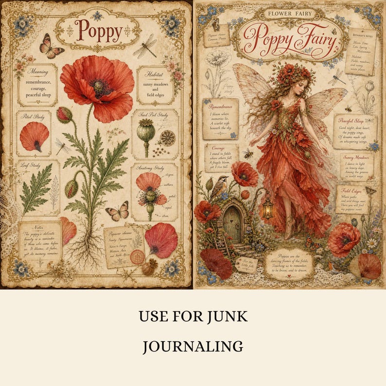 May include: Two vintage-style botanical art prints featuring poppy flowers. The left print displays a detailed poppy illustration with text labels like Poppy, Meaning, and Habitat. The right print depicts a fairy in a red dress with the text Poppy Fairy.