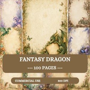 Può includere: Una raccolta di 100 pagine di carta da lettere con illustrazioni di draghi fantasy, bordi floreali, farfalle e sfondi in stile pergamena. Il testo FANTASY DRAGON --- 100 PAGES --- COMMERCIAL USE 300 DPI è visualizzato sopra le immagini.