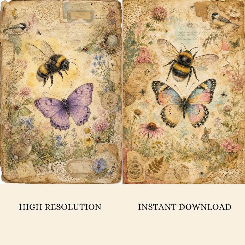 Bees and Butterflies Junk Journal Pages, 100 A4 Printable Nature Watercolour Papers, Whimsical Garden Digital Papers, Scrapbook Collage image 5