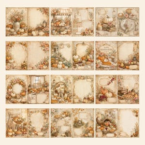 May include: A collection of twenty-four digital scrapbook pages featuring vintage-style illustrations of pumpkins, autumn foliage, pies, candles, and Thanksgiving themes. Each page includes lined or blank areas for writing, with warm sepia tones.