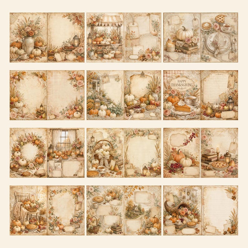 May include: A collection of twenty-four digital scrapbook pages featuring vintage-style illustrations of pumpkins, autumn foliage, pies, candles, and Thanksgiving themes. Each page includes lined or blank areas for writing, with warm sepia tones.