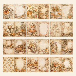 May include: A collection of twelve digital scrapbook pages featuring vintage-style illustrations of pumpkins, autumn flowers, pies, turkeys, and rustic baskets. Each page includes decorative borders, lined writing areas, and warm sepia tones.