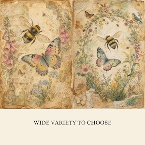 May include: A decorative paper sheet featuring a vintage-style collage with illustrations of bumblebees, butterflies, rabbits, and wildflowers on a textured, aged parchment background. The text WIDE VARIETY TO CHOOSE is printed at the bottom.