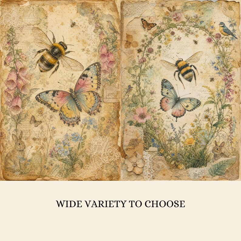 May include: A decorative paper sheet featuring a vintage-style collage with illustrations of bumblebees, butterflies, rabbits, and wildflowers on a textured, aged parchment background. The text WIDE VARIETY TO CHOOSE is printed at the bottom.