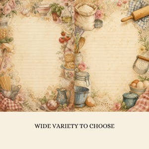 May include: Two sheets of lined stationery paper featuring a vintage-style kitchen theme. The borders are decorated with illustrations of flour sacks, rolling pins, pasta, tomatoes, herbs, eggs, and various kitchenware in soft, muted tones.