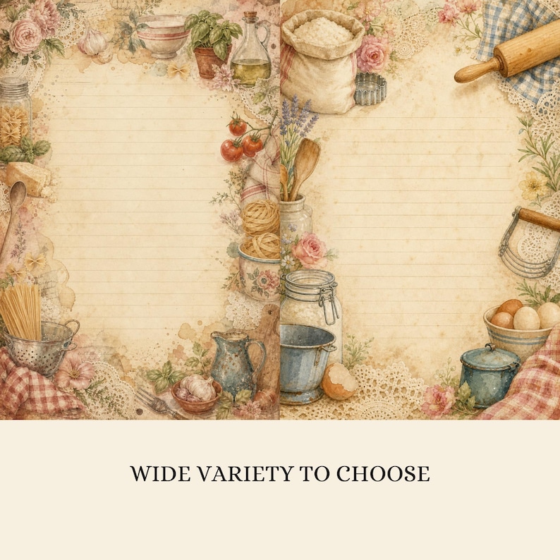 May include: Two sheets of lined stationery paper featuring a vintage-style kitchen theme. The borders are decorated with illustrations of flour sacks, rolling pins, pasta, tomatoes, herbs, eggs, and various kitchenware in soft, muted tones.