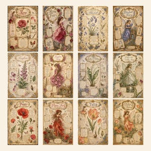 May include: A collection of twelve rectangular botanical and fairy-themed prints featuring illustrations of roses, bluebells, foxgloves, lilies of the valley, poppies, and tulips, each paired with a corresponding fairy character and descriptive text.