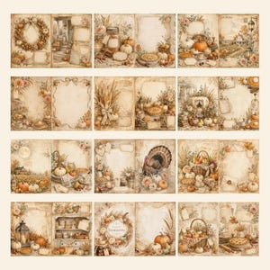 May include: A collection of twelve digital scrapbook pages featuring vintage-style illustrations of autumn harvest themes, including pumpkins, turkeys, cornucopias, pies, lanterns, and floral wreaths, all set against aged, sepia-toned paper backgrounds.