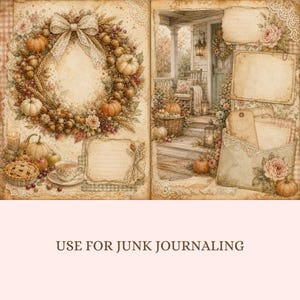 May include: A double-page scrapbook paper sheet featuring a vintage autumn theme. The left side displays a large harvest wreath with pumpkins, wheat, and a lace bow. The right side shows a porch scene with an envelope and blank note cards.