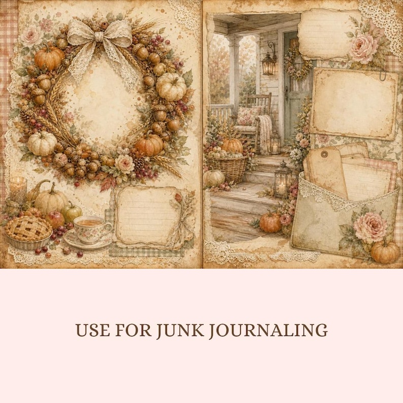 May include: A double-page scrapbook paper sheet featuring a vintage autumn theme. The left side displays a large harvest wreath with pumpkins, wheat, and a lace bow. The right side shows a porch scene with an envelope and blank note cards.