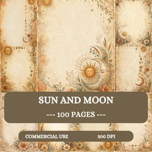 Op de afbeelding: Een verzameling van 100 vellen briefpapier met een zon- en maanthema. Het papier heeft een vintage, verouderde uitstraling in beige en bruine tinten, versierd met illustraties van hemellichamen, bloemen en maanfasen.