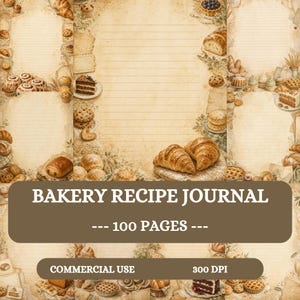 Puede incluir: Un diario de recetas de panadería de 100 páginas, con un fondo beige de estilo vintage decorado con ilustraciones de diversos productos horneados, incluyendo croissants, pasteles, galletas y pan, con espacio rayado para escribir.