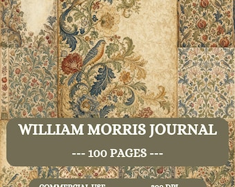 William Morris Inspired Journal Pages, Arts and Crafts Watercolour kit, 100 A4 Digital Papers, Botanical Pattern Junk page, Vintage ephemera