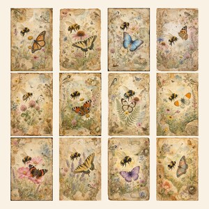 May include: A collection of twelve rectangular paper cards featuring vintage-style illustrations of various bees, butterflies, and wildflowers. Each card displays a unique combination of insects and botanical elements set against a textured, aged paper background.