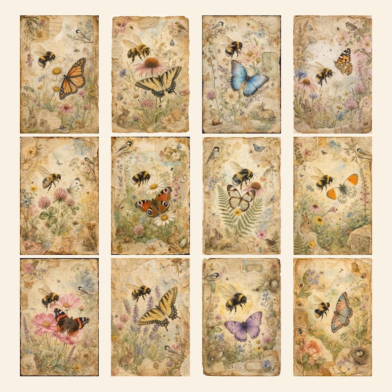 May include: A collection of twelve rectangular paper cards featuring vintage-style illustrations of various bees, butterflies, and wildflowers. Each card displays a unique combination of insects and botanical elements set against a textured, aged paper background.