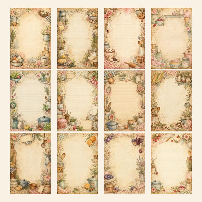 May include: A collection of twelve rectangular stationery sheets featuring lined paper with vintage-style kitchen illustrations. Each sheet displays borders of culinary items like pots, pans, wooden spoons, jars, and floral accents on a beige background.