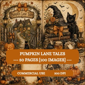 Könnte beinhalten: Eine digitale Kunstsammlung mit dem Titel Pumpkin Lane Tales, die 50 Seiten und 100 Bilder für die kommerzielle Nutzung enthält. Die Illustrationen zeigen eine Vintage-Szene mit einem Häuschen, Kürbissen, schwarzen Katzen, einem Hexenhut und Büchern.