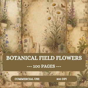 Pagine per diario botanico con fiori di campo, kit stampabile vintage di fiori selvatici, 100 fogli JPG in formato A4, diario creativo a tema erbario, materiale effimero per scrapbooking.