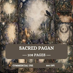 Può includere: Una raccolta di 108 pagine intitolata SACRED PAGAN, con illustrazioni scure e suggestive di foreste, gufi, corvi, cervi, conigli, pietre erette, candele e fasi lunari. Le opere d'arte presentano una tavolozza di colori tenui e terrosi.