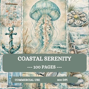 Coastal Serenity Junk Journal Pages, Watercolour Beach Printable Kit, 100 A4 Digital Papers Sea Ocean Ephemera, Shore Scrapbook Pages