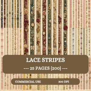 May include: A digital collection of vertical lace stripes featuring floral patterns, vintage clocks, birds, books, and bows in various colors. The image includes the text LACE STRIPES, 25 PAGES {200}, COMMERCIAL USE, and 300 DPI on brown overlays.