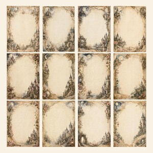 Op de afbeelding: Een verzameling van twaalf rechthoekige vellen briefpapier met een verouderde, perkamentachtige uitstraling en decoratieve randen. Elk vel toont gedetailleerde illustraties van stenen kastelen, torens, bloemenranken en manen in gedempte bruine en blauwe tinten.