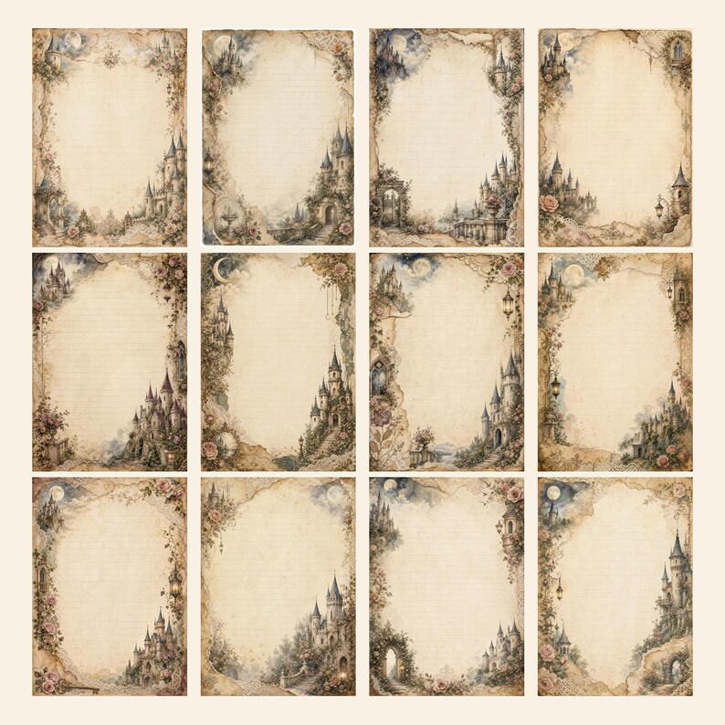 Op de afbeelding: Een verzameling van twaalf rechthoekige vellen briefpapier met een verouderde, perkamentachtige uitstraling en decoratieve randen. Elk vel toont gedetailleerde illustraties van stenen kastelen, torens, bloemenranken en manen in gedempte bruine en blauwe tinten.