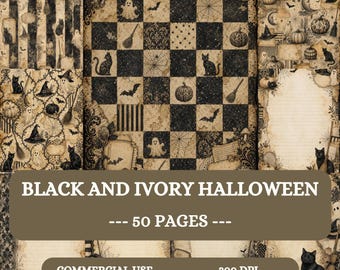May include: A collection of 50 digital paper pages featuring black and ivory Halloween motifs including cats, ghosts, pumpkins, bats, spiderwebs, and witch hats. The designs incorporate checkered patterns, stripes, and vintage-style parchment textures.