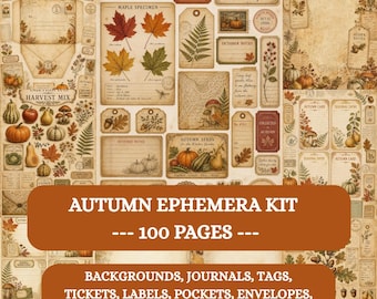 May include: An autumn ephemera kit featuring 100 pages of paper goods including backgrounds, journals, tags, tickets, labels, pockets, envelopes, and fussy cuts. The designs showcase vintage-style illustrations of maple leaves, pumpkins, and mushrooms.
