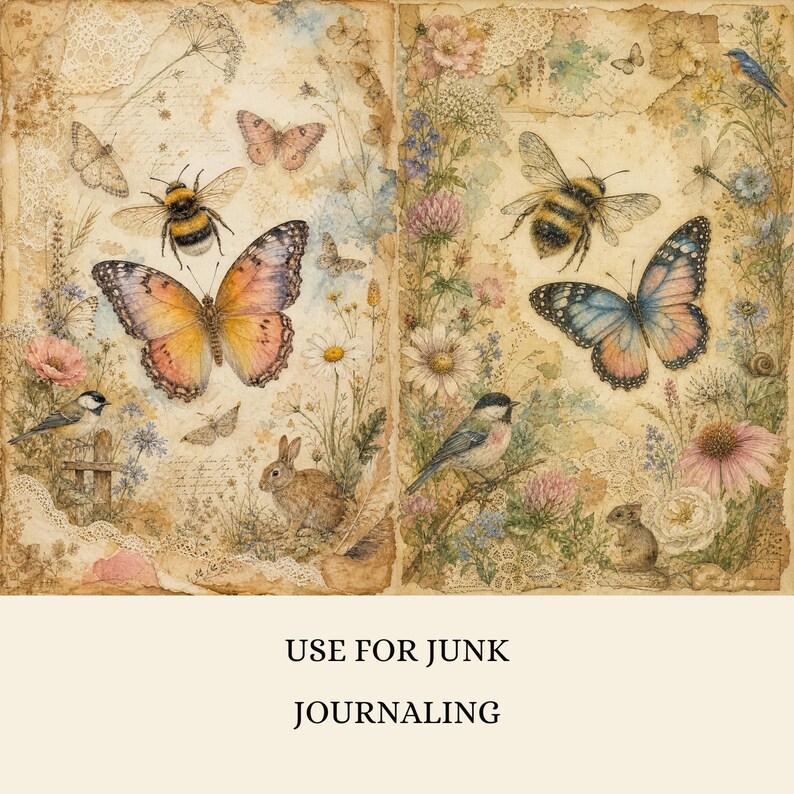 Bees and Butterflies Junk Journal Pages, 100 A4 Printable Nature Watercolour Papers, Whimsical Garden Digital Papers, Scrapbook Collage image 4