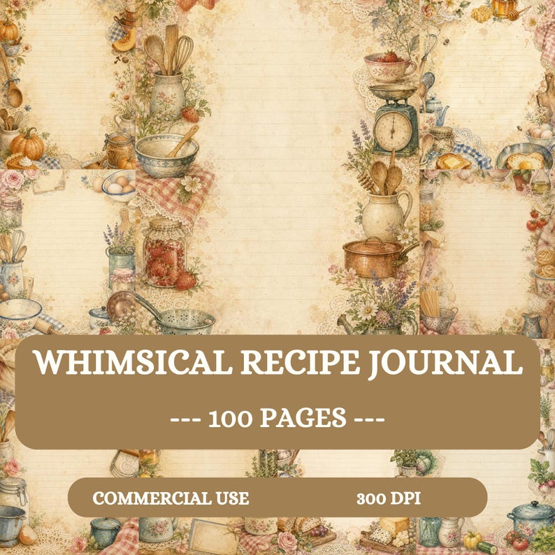 May include: A recipe journal page featuring a cream-colored background with horizontal lines and a decorative border of watercolor illustrations including kitchen utensils, jars, bowls, produce, and flowers, with the text WHIMSICAL RECIPE JOURNAL.