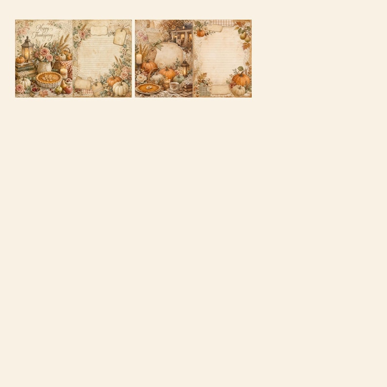 May include: Two rectangular stationery sheets featuring a vintage Thanksgiving theme with warm autumn colors. The designs include illustrations of pumpkins, pies, lanterns, and floral arrangements, with lined writing areas and the text Happy Thanksgiving.