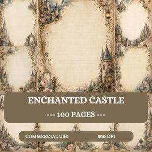 Op de afbeelding: Een verzameling briefpapierpagina's met illustraties van kastelen, rozen en hangende lantaarns op verouderd perkamentpapier. De tekst op de overlay luidt: ENCHANTED CASTLE --- 100 PAGES --- COMMERCIAL USE 300 DPI.