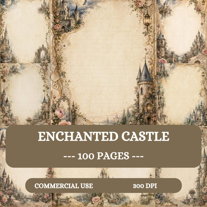 Op de afbeelding: Een verzameling briefpapierpagina's met illustraties van kastelen, rozen en hangende lantaarns op verouderd perkamentpapier. De tekst op de overlay luidt: ENCHANTED CASTLE --- 100 PAGES --- COMMERCIAL USE 300 DPI.